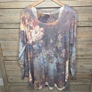 Soft Surroundings Tunic Top Womens 1X Brown Floral Long Sleeve Scoop Neck Boho